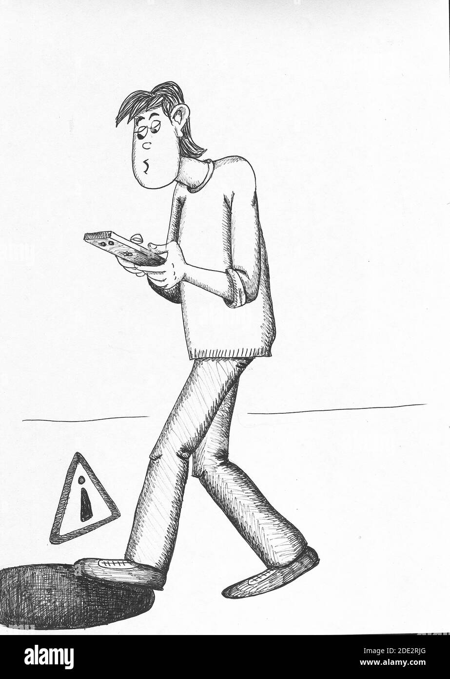 Distracted boy looking at his smartphone and walking on an open gutter. Illustration. Stock Photo