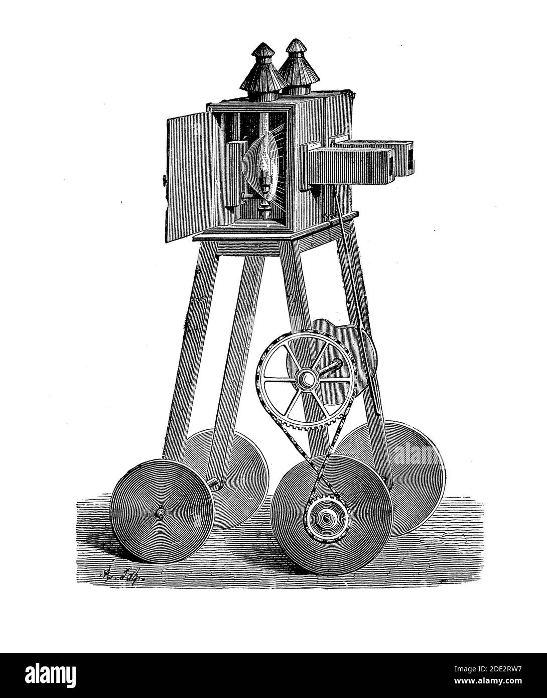 The magic lantern early image projector using a concave mirror behind a light source to direct the light through a small slide with the image to be projected Stock Photo