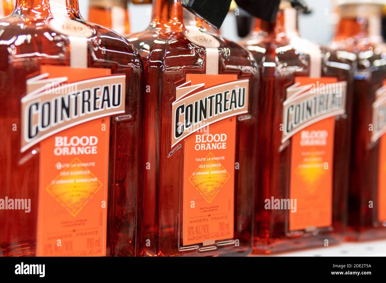 Tyumen, Russia-November 22, 2020: Cointreau liqueur bottle close-up of a blood orange. buying alcohol in a hypermarket Stock Photo