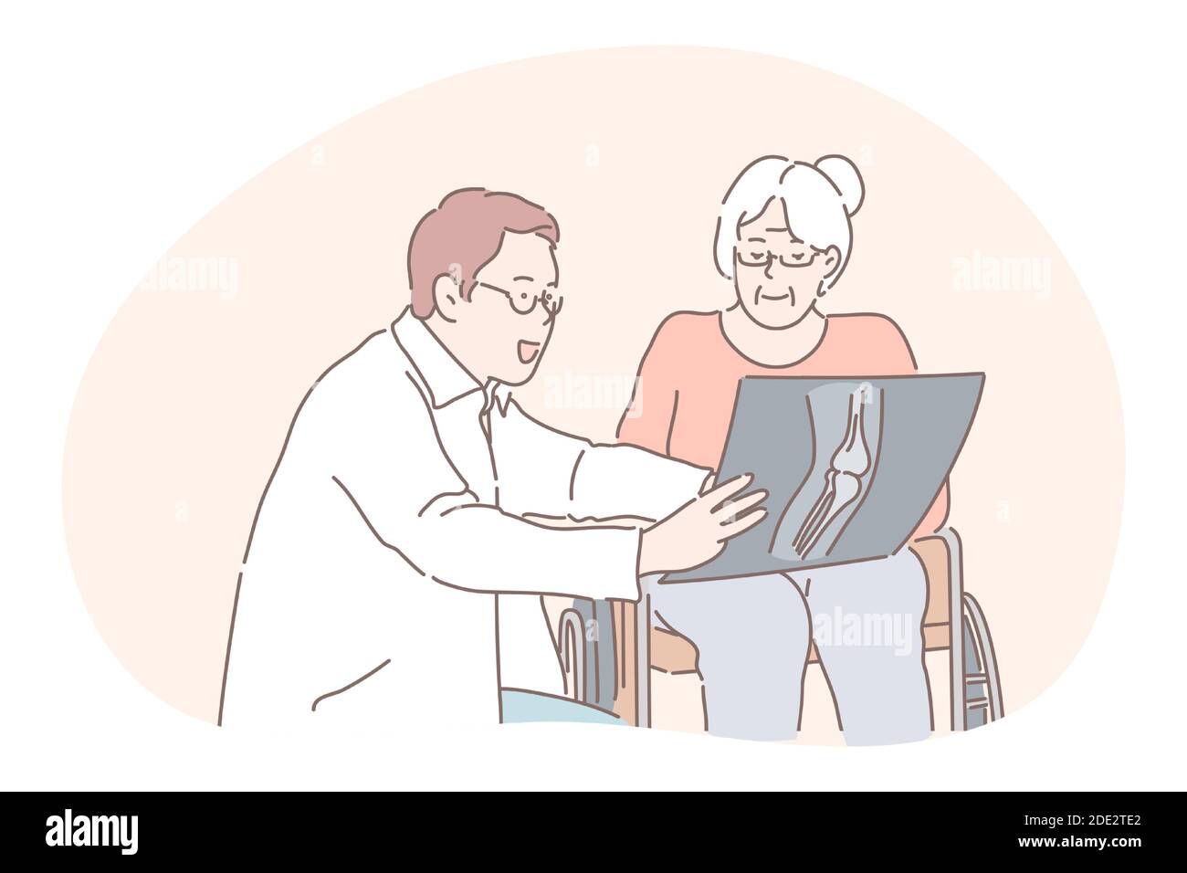 Communication between doctor and patient, medicare, injury, arthritis concept. Positive man doctor cartoon characters showing senior woman patient in Stock Vector