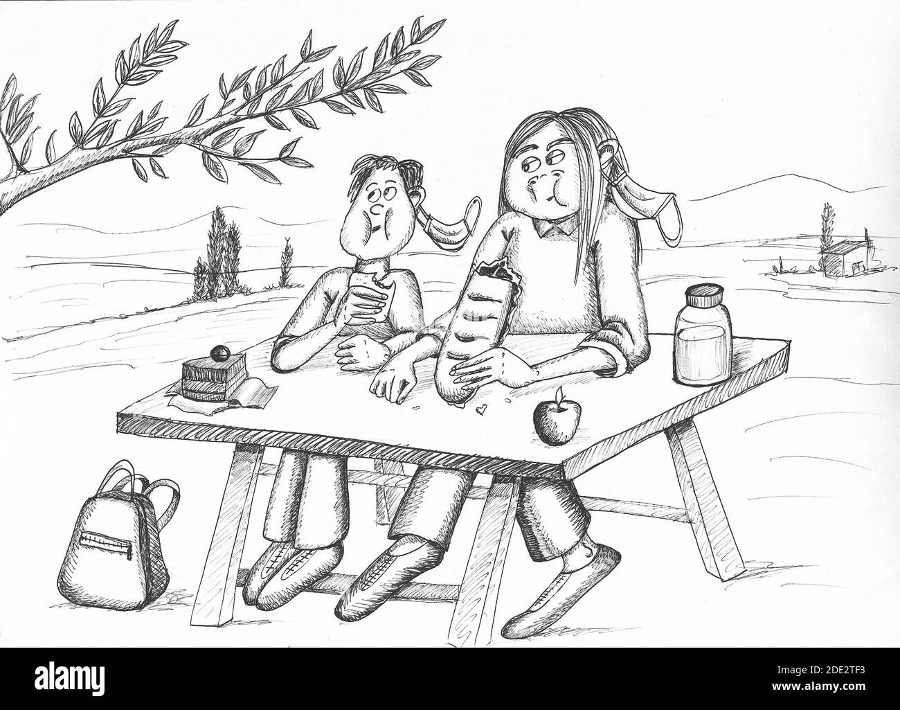 Mother and son eating in a picnic area. Illustration. Stock Photo