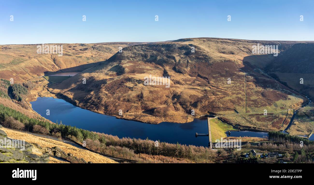 dove stone, yeoman hey and greenfield reservoirs from alderman's hill Stock Photo