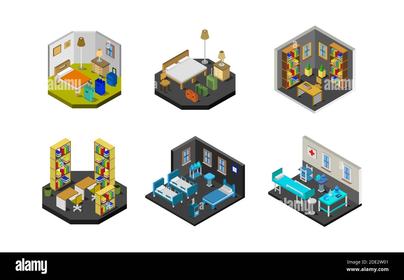 Isometric Buildings Set In Vector Vector illustration Stock Vector