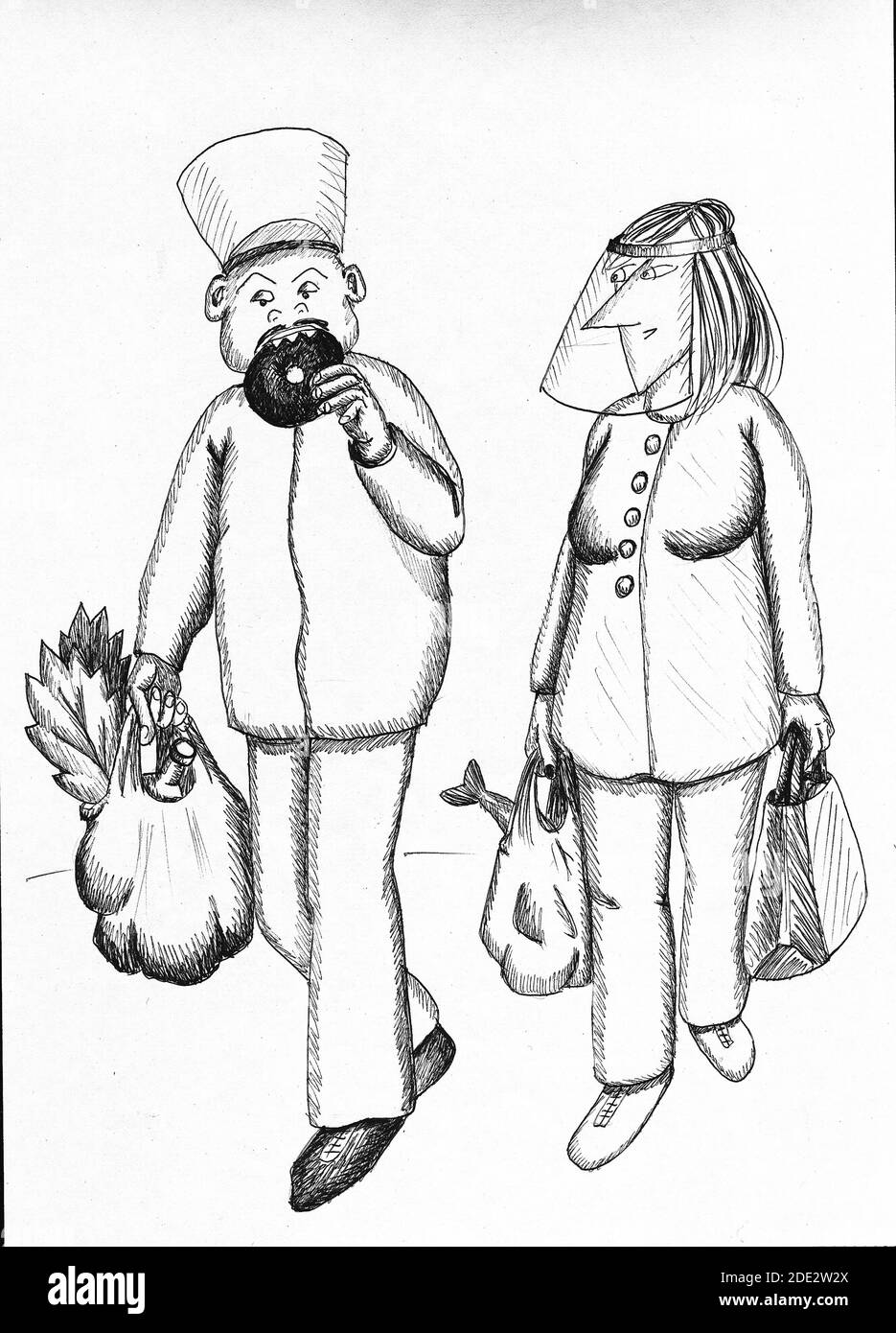 Mature couple wearing faceplates and doing the shopping. Illustration. Stock Photo