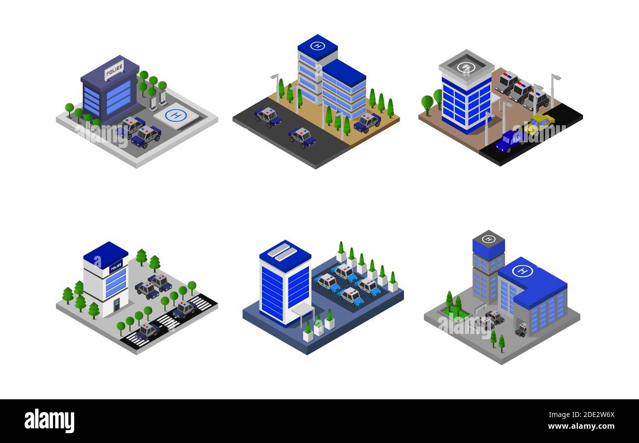 Isometric Police Station Set Vector illustration Stock Vector