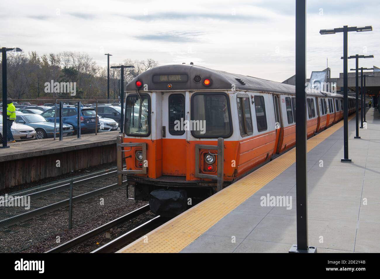 Boston Metro MBTA Orange Line stops at Oak Grove Station in Malden