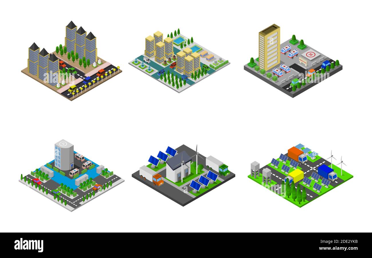 Isometric Buildings Set On White Background Vector illustration Stock ...