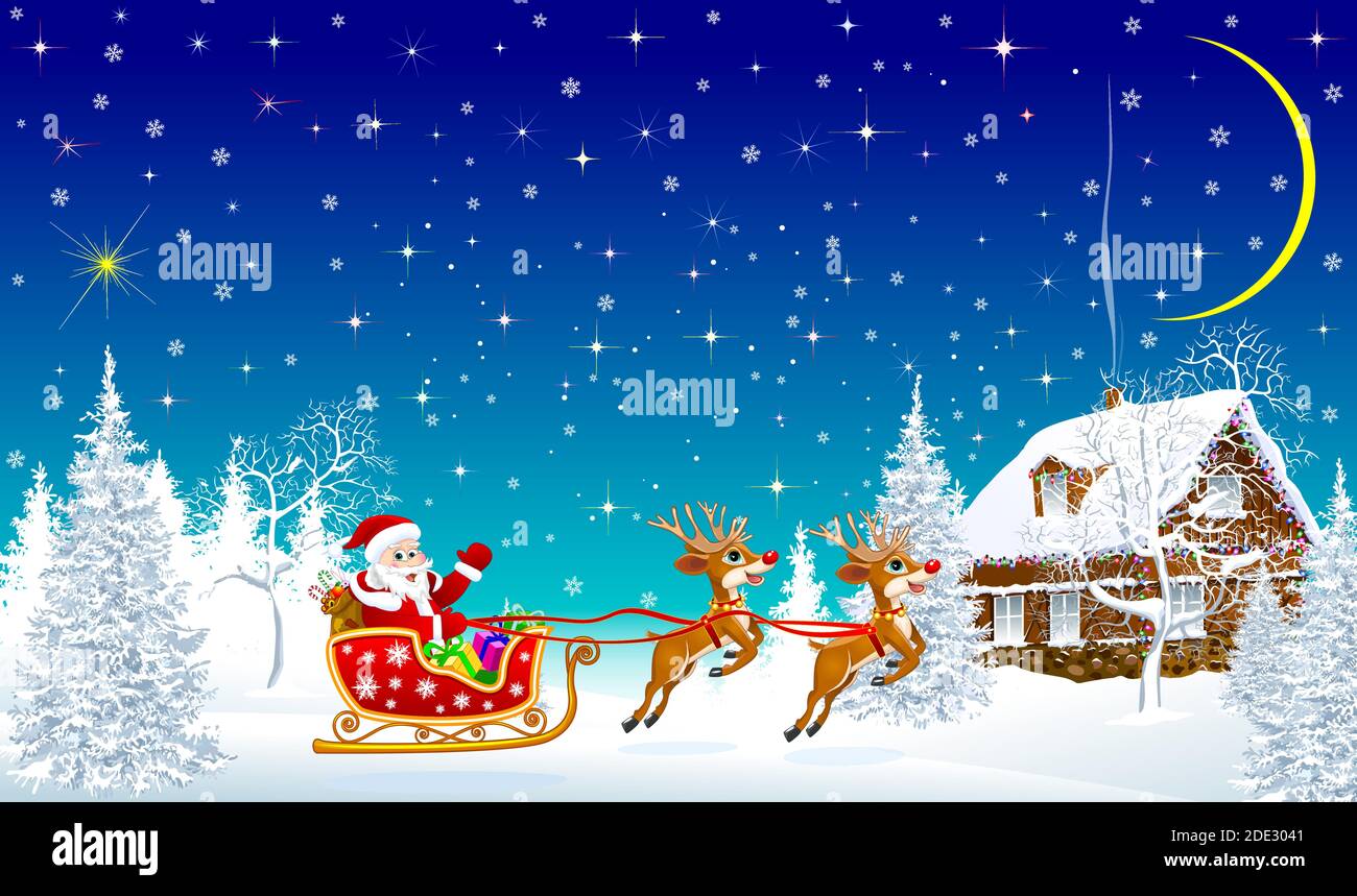 Santa on his sleigh with reindeer in front of a village house. Night. The sky with stars. Snowflakes, snow. Stock Vector