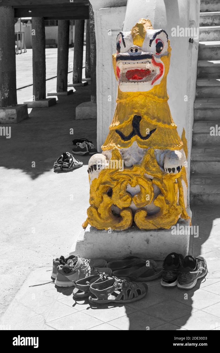 detail of statue on entrance to Shwe Yan Pyay monastery, Shwe Yaunghwe Monastery, Nyaungshwe, Inle Lake, Myanmar (Burma), Asia in February Stock Photo