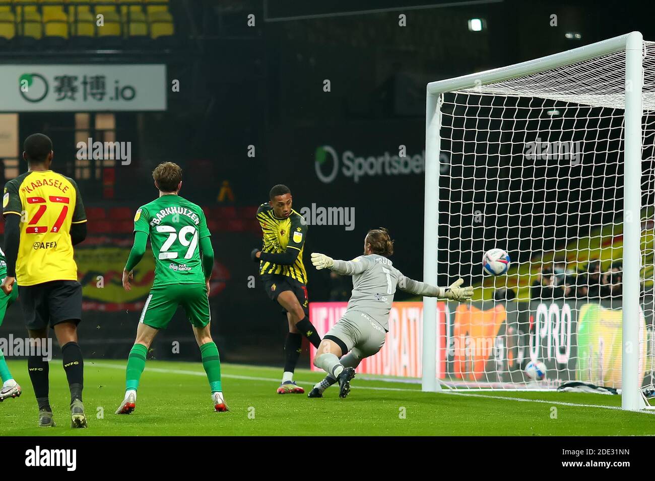 Vicarage Road, Watford, Hertfordshire, UK. 28th Nov, 2020. English Football League Championship Football, Watford versus Preston North End; Joao Pedro of Watford scores but it is disallowed for offside Credit: Action Plus Sports/Alamy Live News Stock Photo