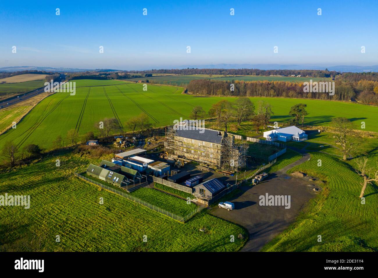 Aerial view of Category ‘A’ listed Duntarvie Castle, West Lothian, Scotland. Stock Photo