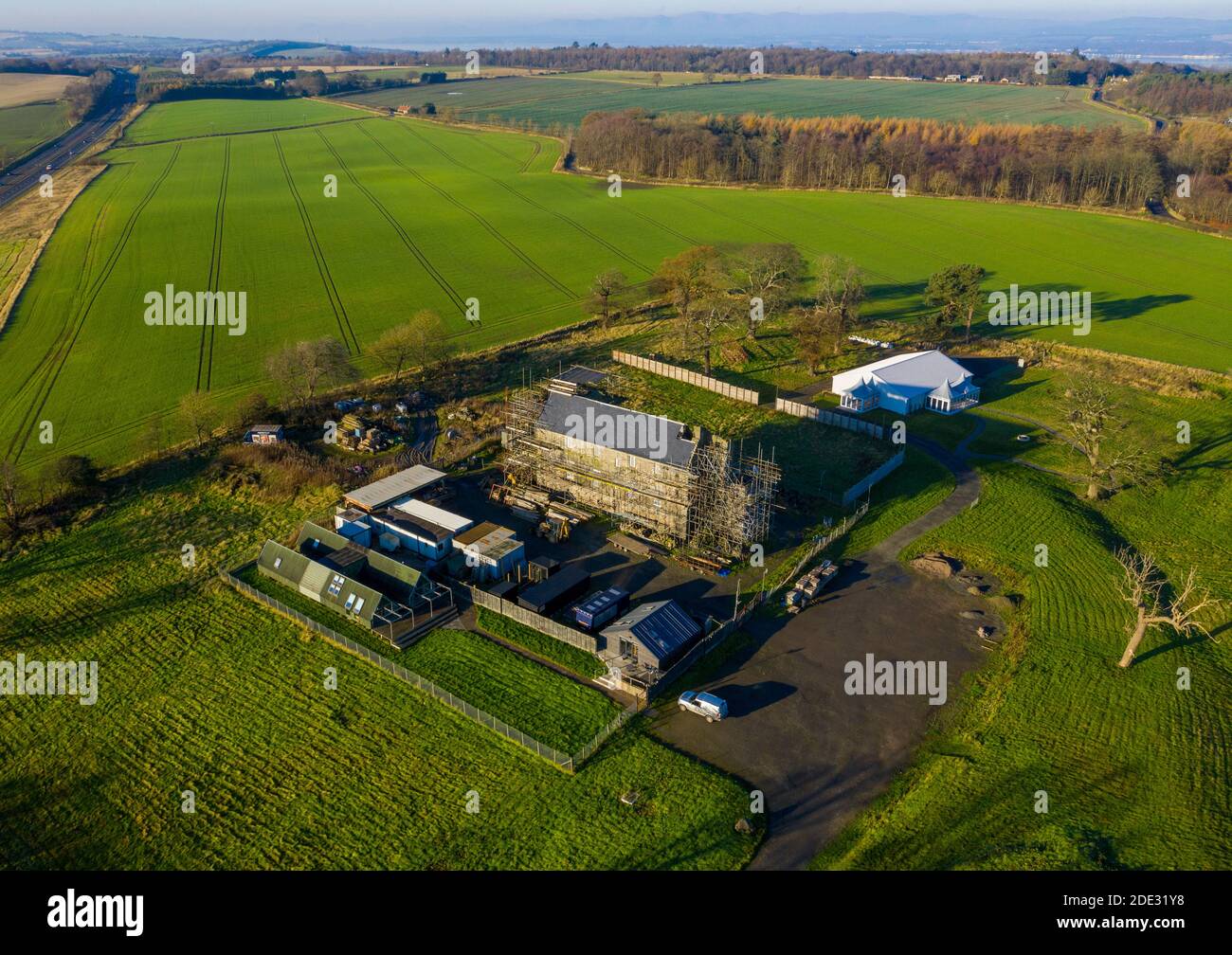 Aerial view of Category ‘A’ listed Duntarvie Castle, West Lothian, Scotland. Stock Photo