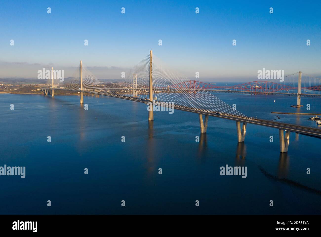 Aerial view of the Queensferry Crossing which spans the Firth of Forth estuary between South and North Queensferry, Scotland. Stock Photo