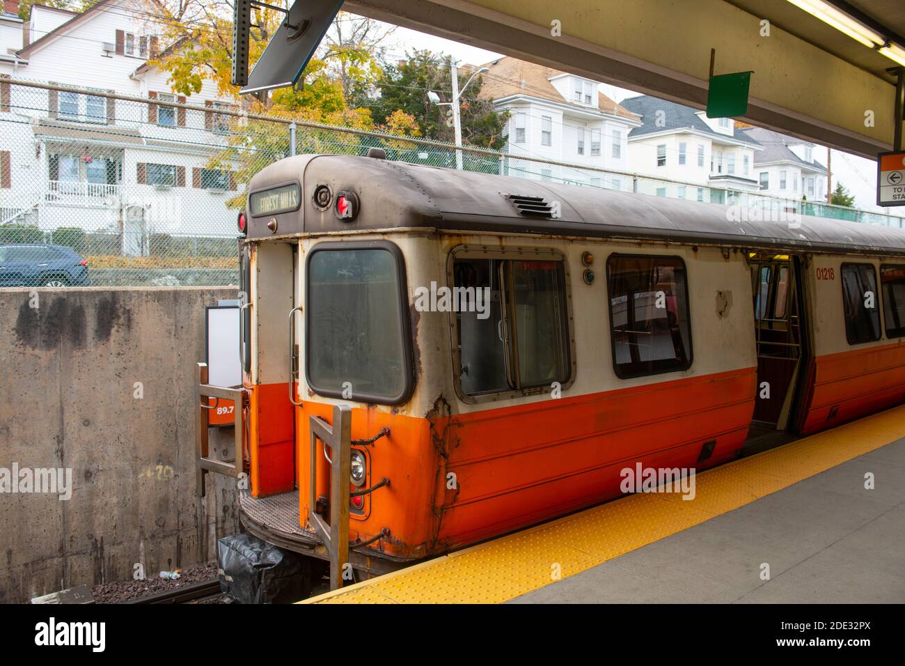 Boston Metro MBTA Orange Line stops at Oak Grove Station in Malden