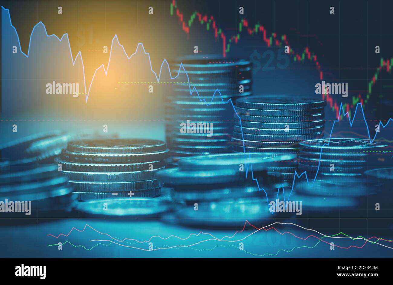 Double exposure of money coin, stock market or forex trading graph and candlestick chart suitable for financial investment concept. Stock Photo