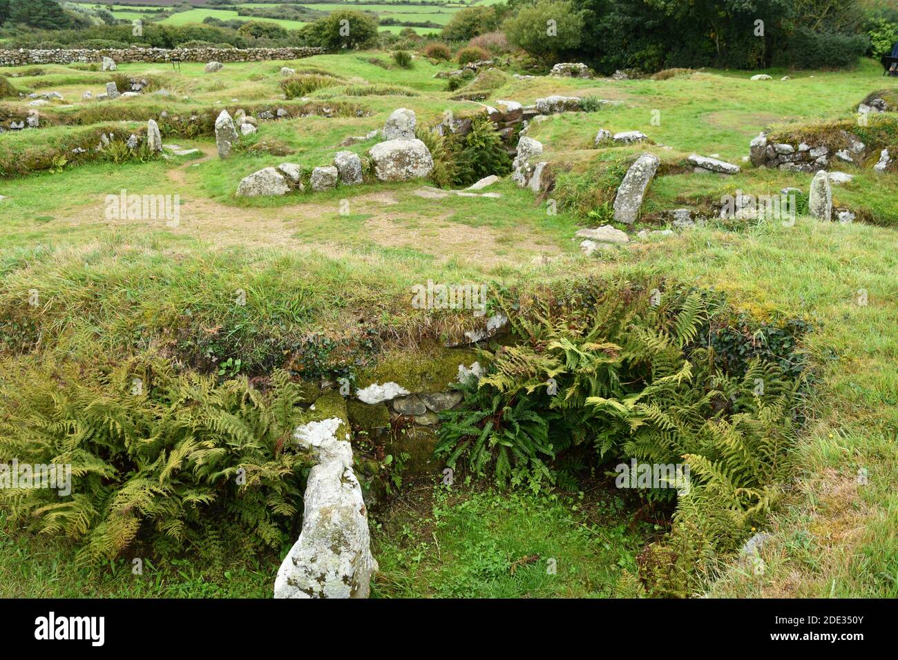 Carn Euny. Iron age ancient village in south-west England near Penzance. It was inhabited from the Iron Age until the end of the Roman occupation of B Stock Photo