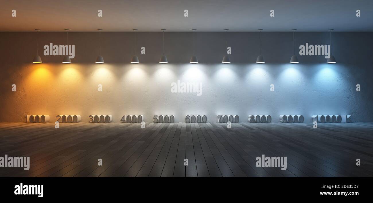 3Ds rendered image of 10 hanging lamps which use different bulbs. Color temperature scale. spectrum color on the cracked concrete wall and wooden floo Stock Photo