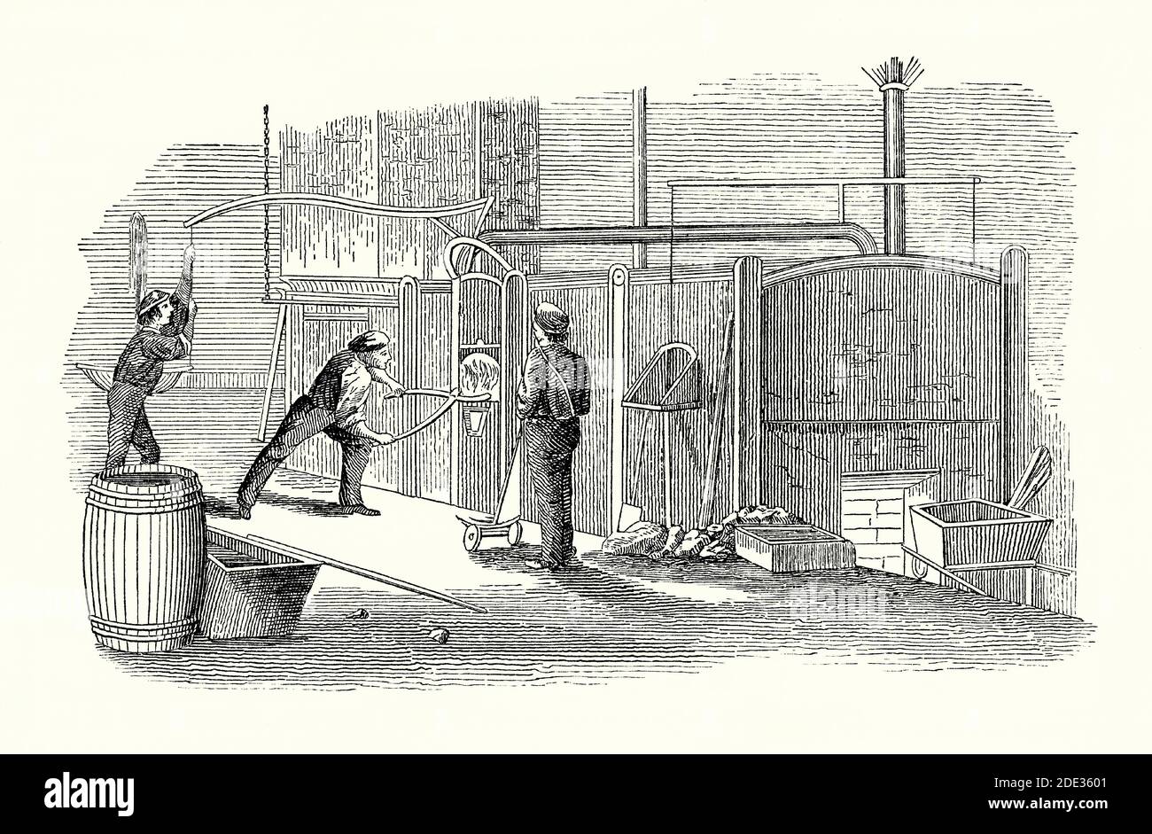 An old engraving of men operating a coal-fired puddling furnace. It is from a Victorian book of the 1880s. Puddling is a process in the manufacture of high-grade iron in or furnace. It was developed in the UK by Abraham Darby II, the Cranage brothers and Peter Onions. This was improved upon by Henry Cort at Fontley, Hampshire, England, UK in 1784. The molten pig iron was stirred in a reverberatory furnace, decarbonising the metal and ridding it of impurities. The result was bar iron (malleable wrought iron). This type of furnace would eventually be used to make good-quality carbon steel. Stock Photo