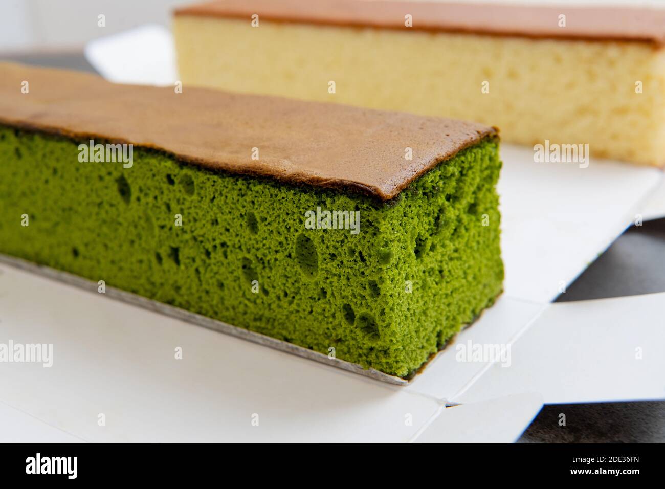 sponge cake with matcha and honey, castella cake, (Japanese sponge cake