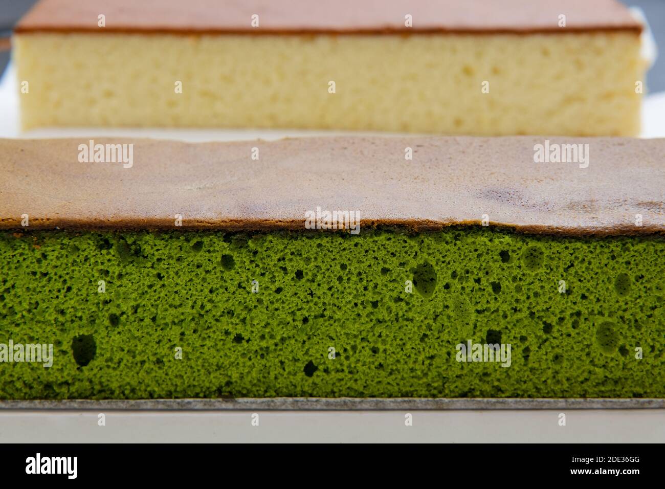 sponge cake with matcha and honey, castella cake, (Japanese sponge cake