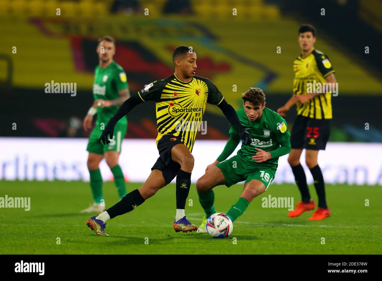 Vicarage Road Watford Hertfordshire Uk 28th Nov 2020 English Football League Championship Football Watford Versus Preston North End Jo Xe3 O Pedro Of Watford Takes On Ryan Ledson Of Preston North End Credit Action
