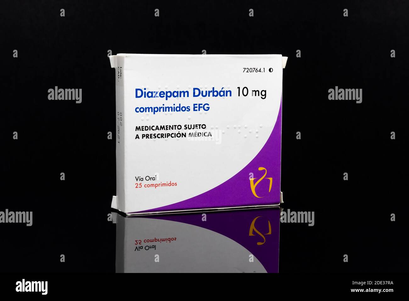 Huelva, Spain - November 26, 2020: Spanish Box of Diazepam brand Durbaan. Diazepam, first marketed as Valium, is a medicine of the benzodiazepine fami Stock Photo