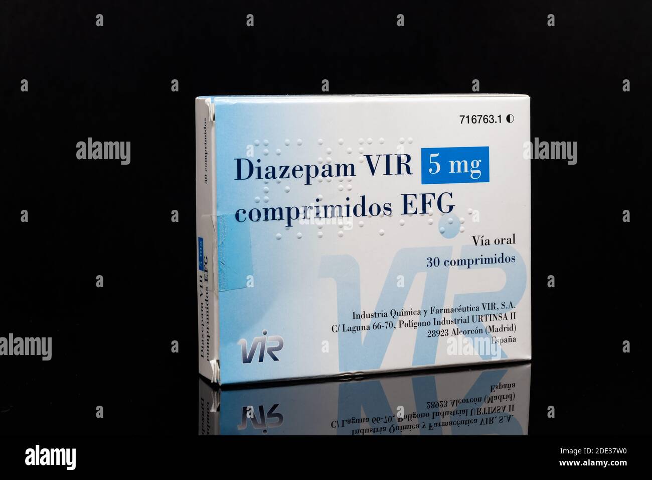 Huelva, Spain - November 26, 2020: Spanish Box of Diazepam brand VIR. Diazepam, first marketed as Valium, is a medicine of the benzodiazepine family t Stock Photo