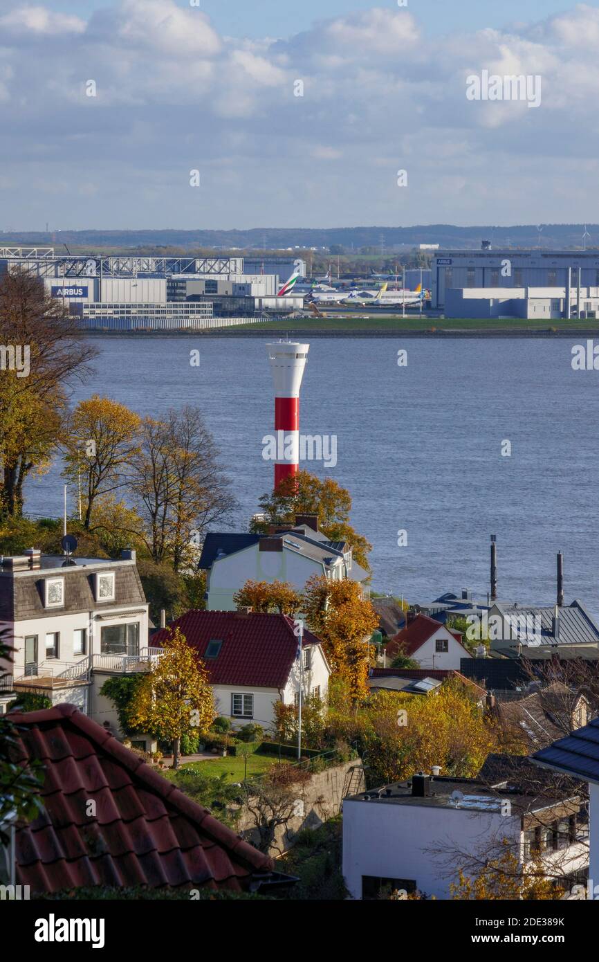 Airbus, lighthouse Unterfeuer, river Elbe in Hamburg Blankenese, Germany, Europe Stock Photo