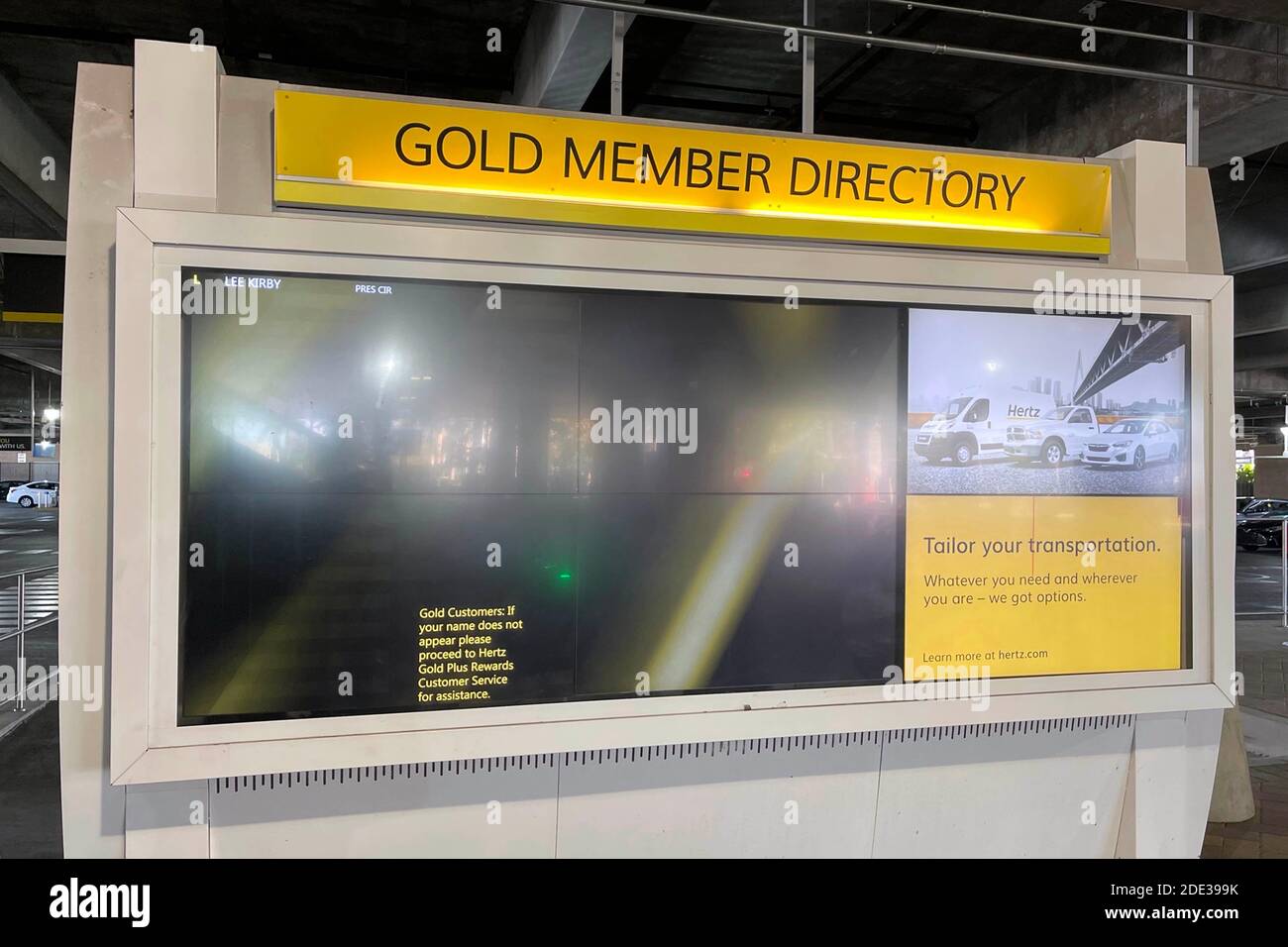 The Hertz rental car gold member directory board at Hollywood Burbank