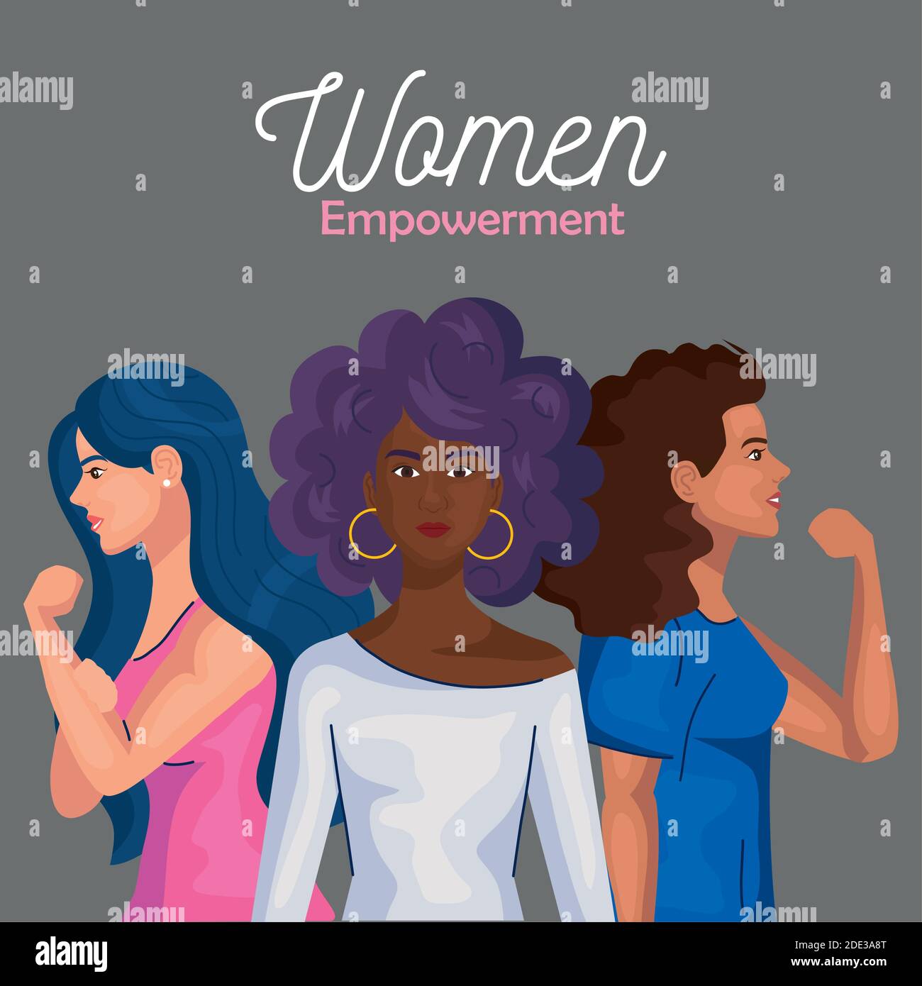 women empowerment with women cartoons from side doing muscle sign vector design Stock Vector
