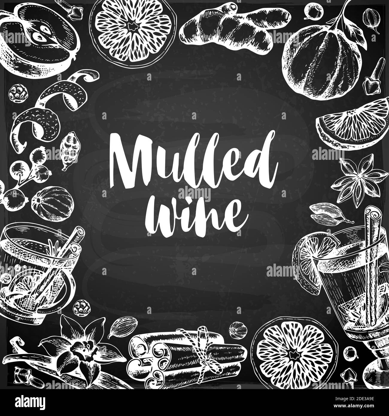 Vintage chalk drawing background with mulled wine and spices. Traditional Christmas food and drink. Stock Photo