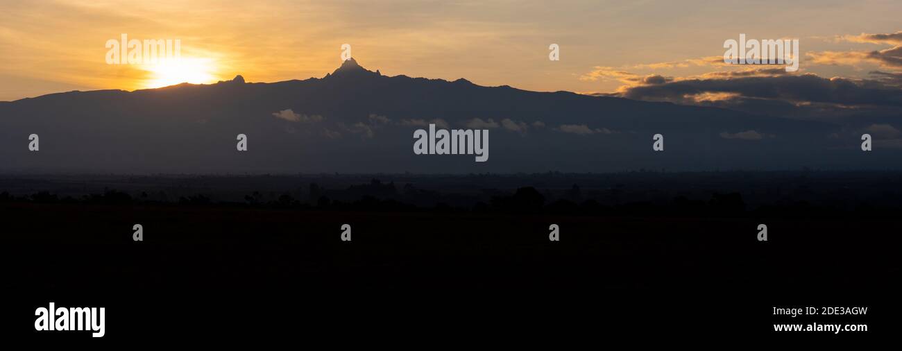 Africa, Kenya, Laikipia Plateau, Northern Frontier District, Ol Pejeta Conservancy. Mount Kenya sunrise, highest mountain in Kenya, 17,057 ft. Stock Photo
