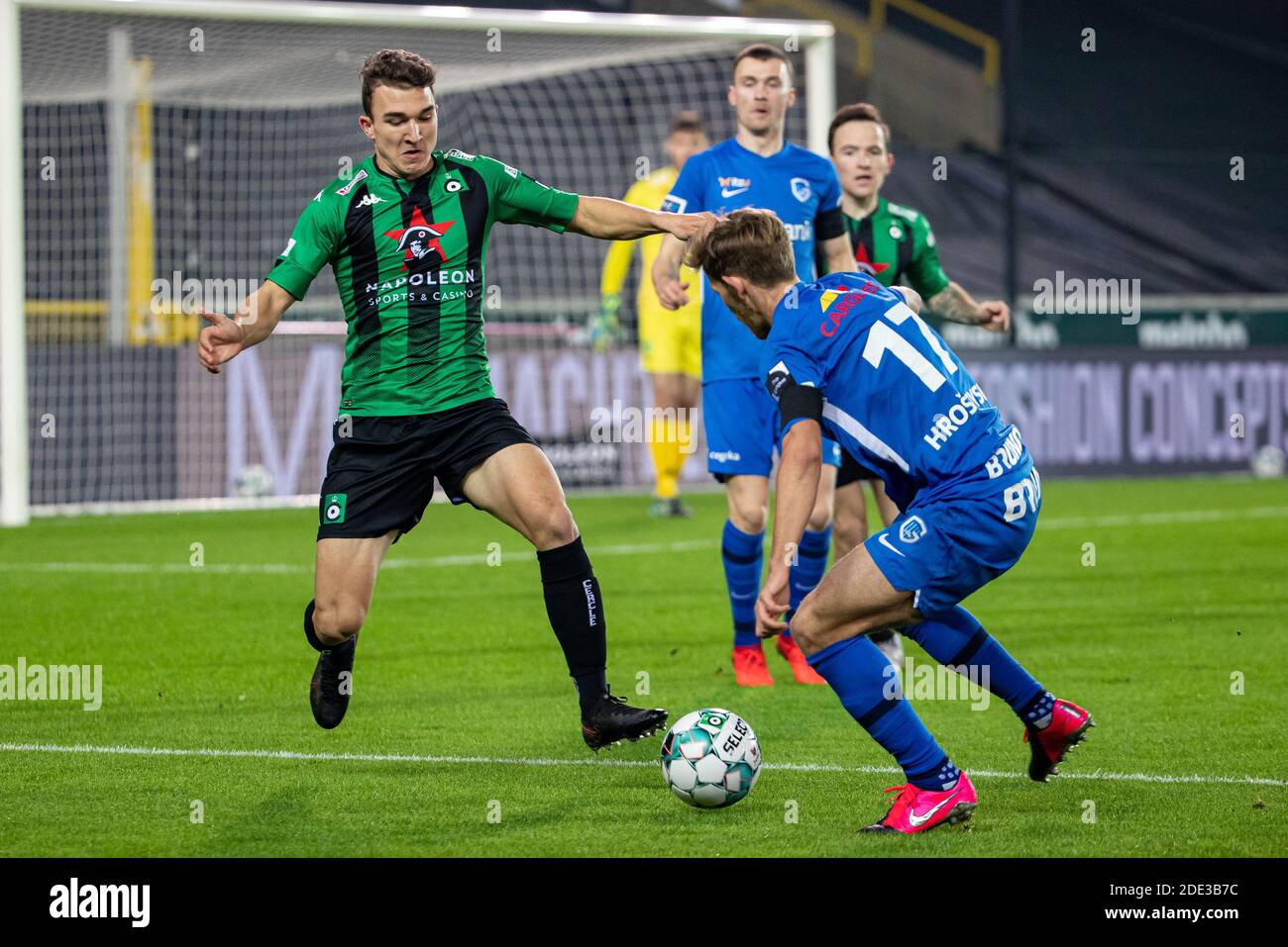 Cercle's Robbe Decostere and Genk's Patrik Hrosovsky fight for the ball during a postponed soccer match between Cercle Brugge KSV and KRC Genk, Saturd Stock Photo