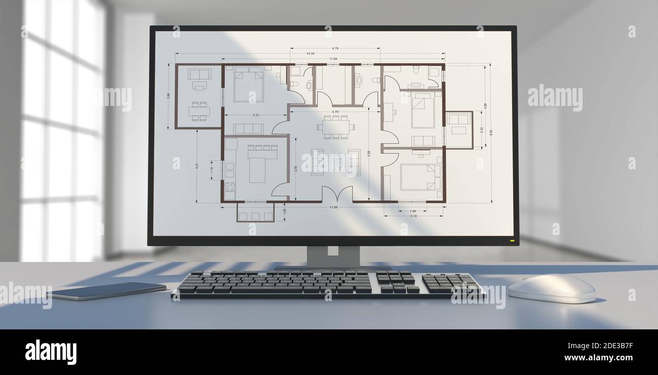 Architect engineer office desk. Building project blueprint plan on a
