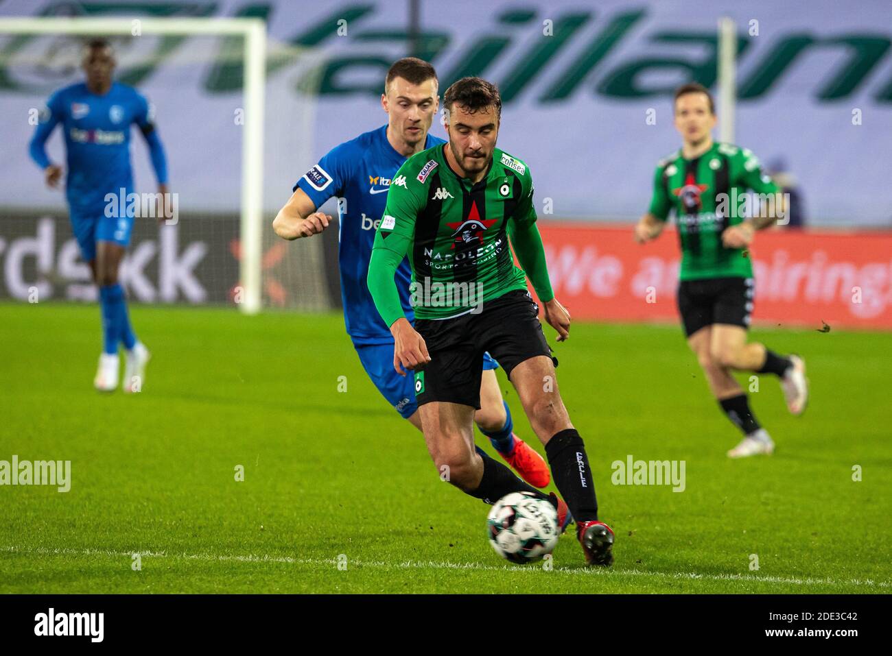 Genk's Bryan Heynen and Cercle's Charles Vanhoutte fight for the ball during a postponed soccer match between Cercle Brugge KSV and KRC Genk, Saturday Stock Photo
