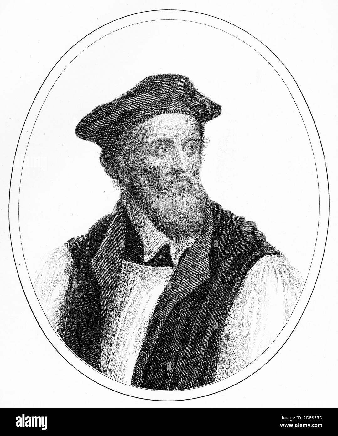 Engraving of Nicholas Ridley (c. 1500 – 16 October 1555), Bishop of London and martyr. Ridley was burned at the stake as one of the Oxford Martyrs during the Marian Persecutions for his teachings and his support of Lady Jane Grey.  Illustration from 'The history of Protestantism' by James Aitken Wylie (1808-1890), pub. 1878 Stock Photo
