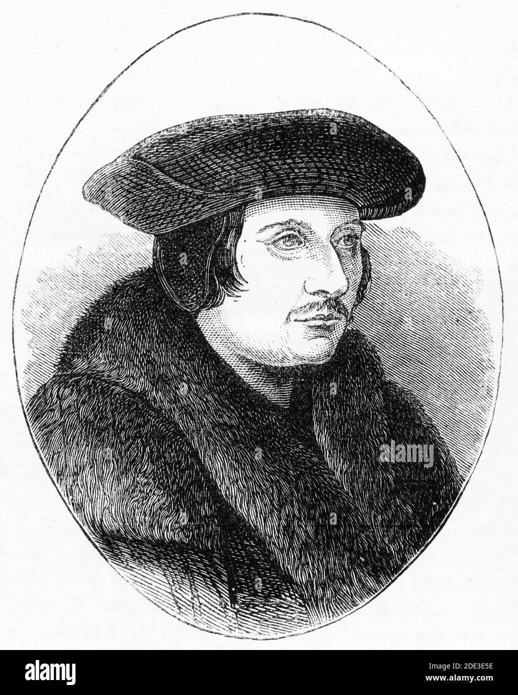 Engraving of  Sir Thomas More (1478 – 1535), venerated in the Catholic Church as Saint Thomas More, was an English lawyer, social philosopher, author, statesman, and noted Renaissance humanist. He also served Henry VIII as Lord High Chancellor of England from 1529 to May 1532.  Illustration from 'The history of Protestantism' by James Aitken Wylie (1808-1890), pub. 1878. Stock Photo