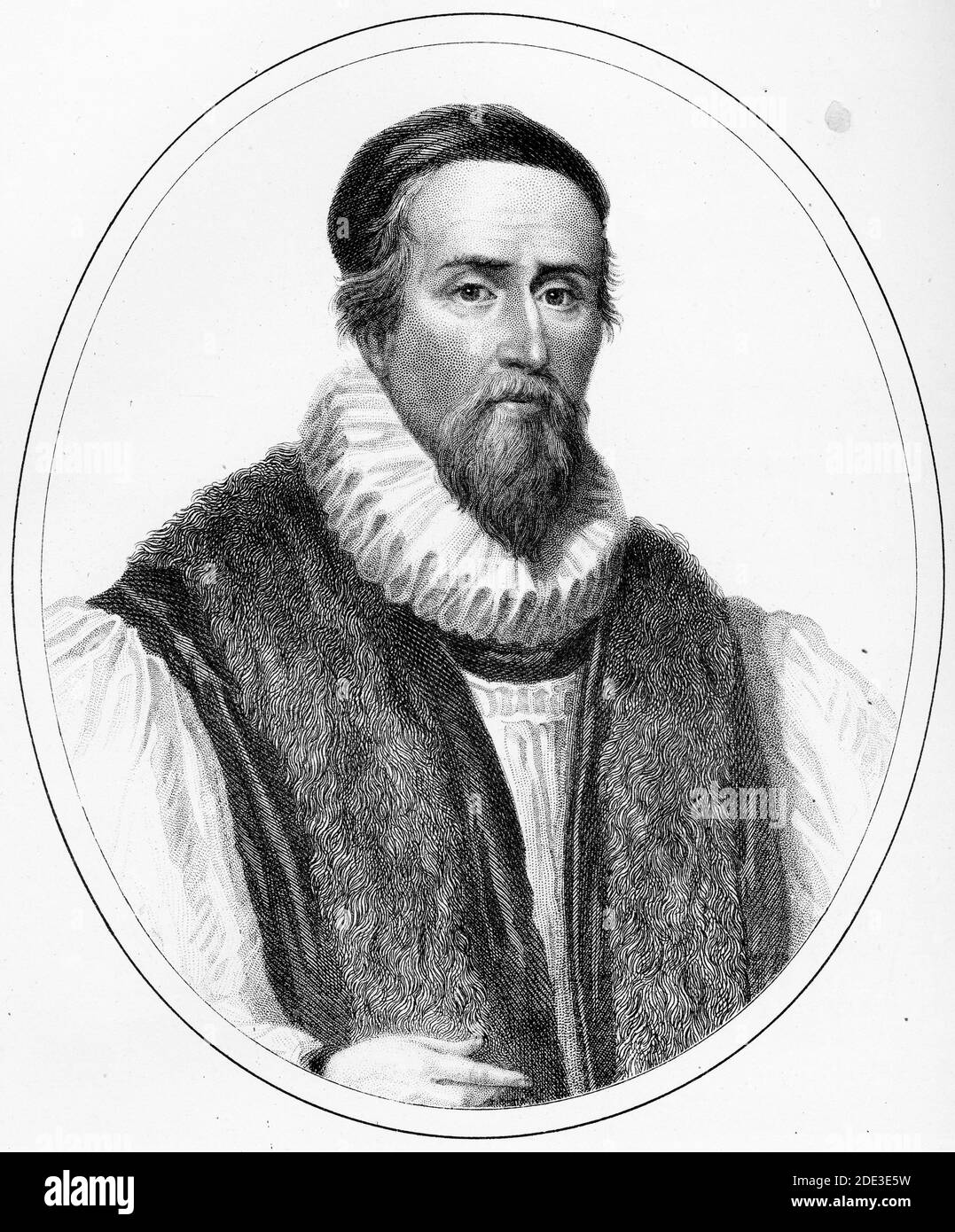 Engraving of John Hooper (c. 1495 – 1555)  English churchman, Anglican Bishop of Gloucester, and Worcester, a Protestant reformer and martyr. Illustration from 'The history of Protestantism' by James Aitken Wylie (1808-1890), pub. 1878 Stock Photo