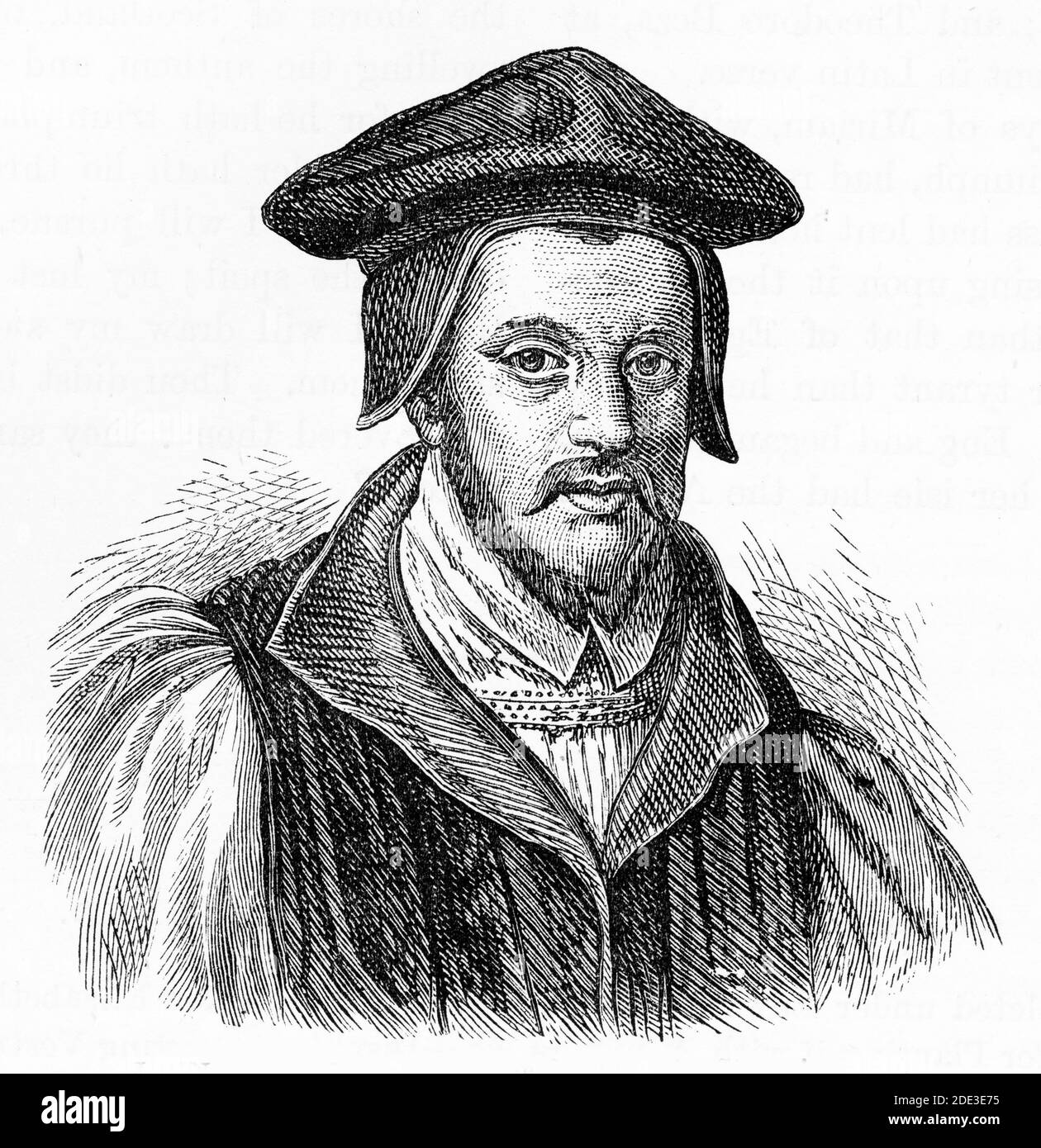 Engraving of John Jewel (alias Jewell) (1522 – 1571)  Bishop of Salisbury from 1559 to 1571. Illustration from 'The history of Protestantism' by James Aitken Wylie (1808-1890), pub. 1878 Stock Photo