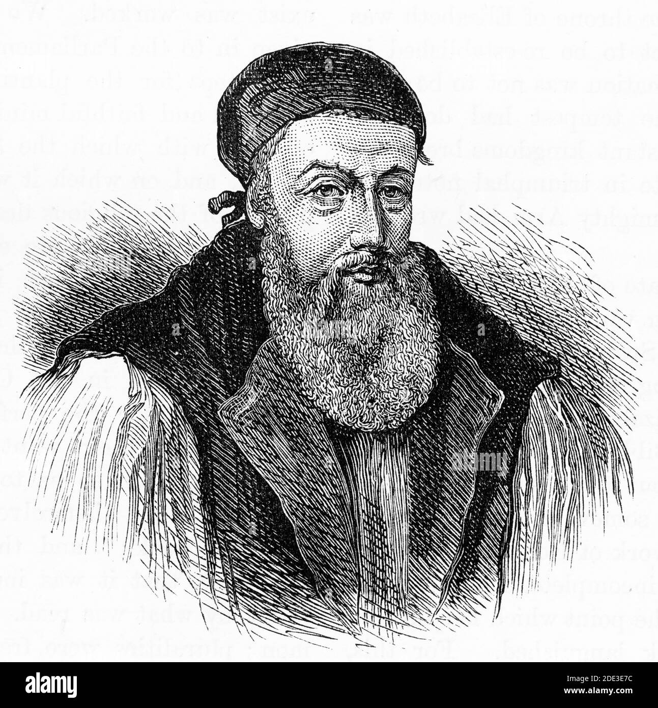 Engraving of Edmund Grindal (c. 1519 – 1583) prelate of the Church of England who, during the reign of Elizabeth I, was successively Bishop of London, Archbishop of York, and Archbishop of Canterbury. Illustration from 'The history of Protestantism' by James Aitken Wylie (1808-1890), pub. 1878 Stock Photo