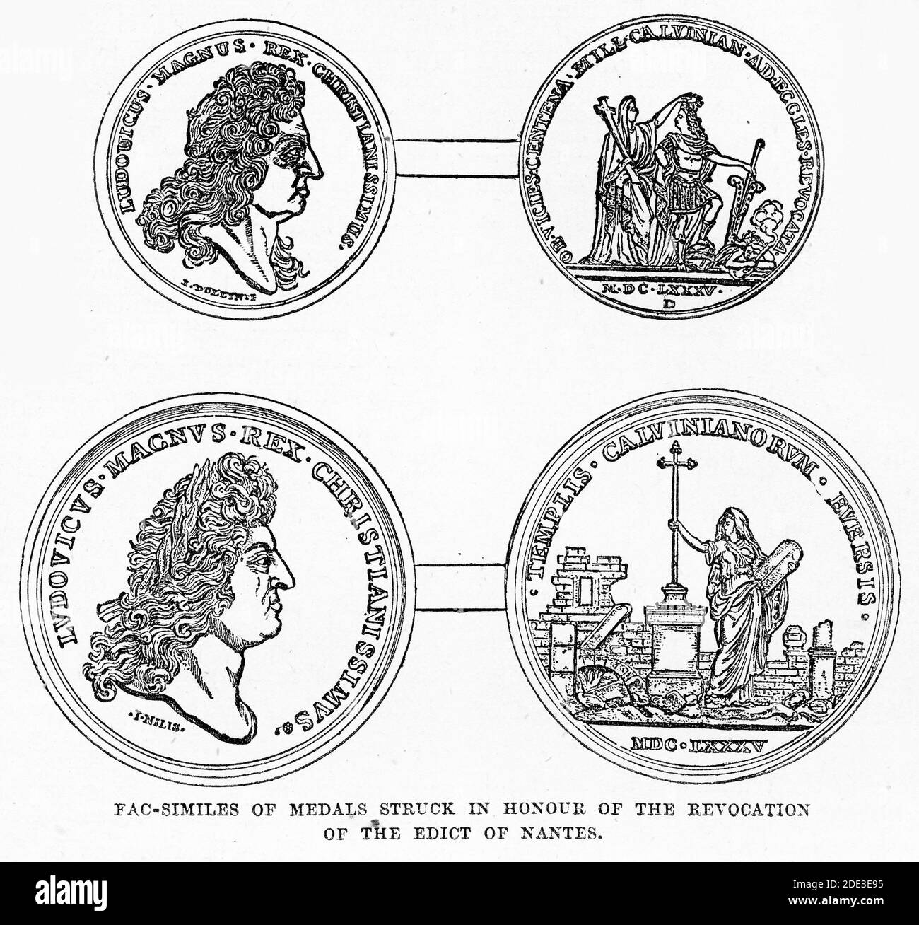 Engraving of medals struck in 1685 to honour the edit of Fontainbleau, which revoked the edict of Nantes and opened the door to persecution of Huguenots. illustration from 'The history of Protestantism' by James Aitken Wylie (1808-1890), pub. 1878 Stock Photo