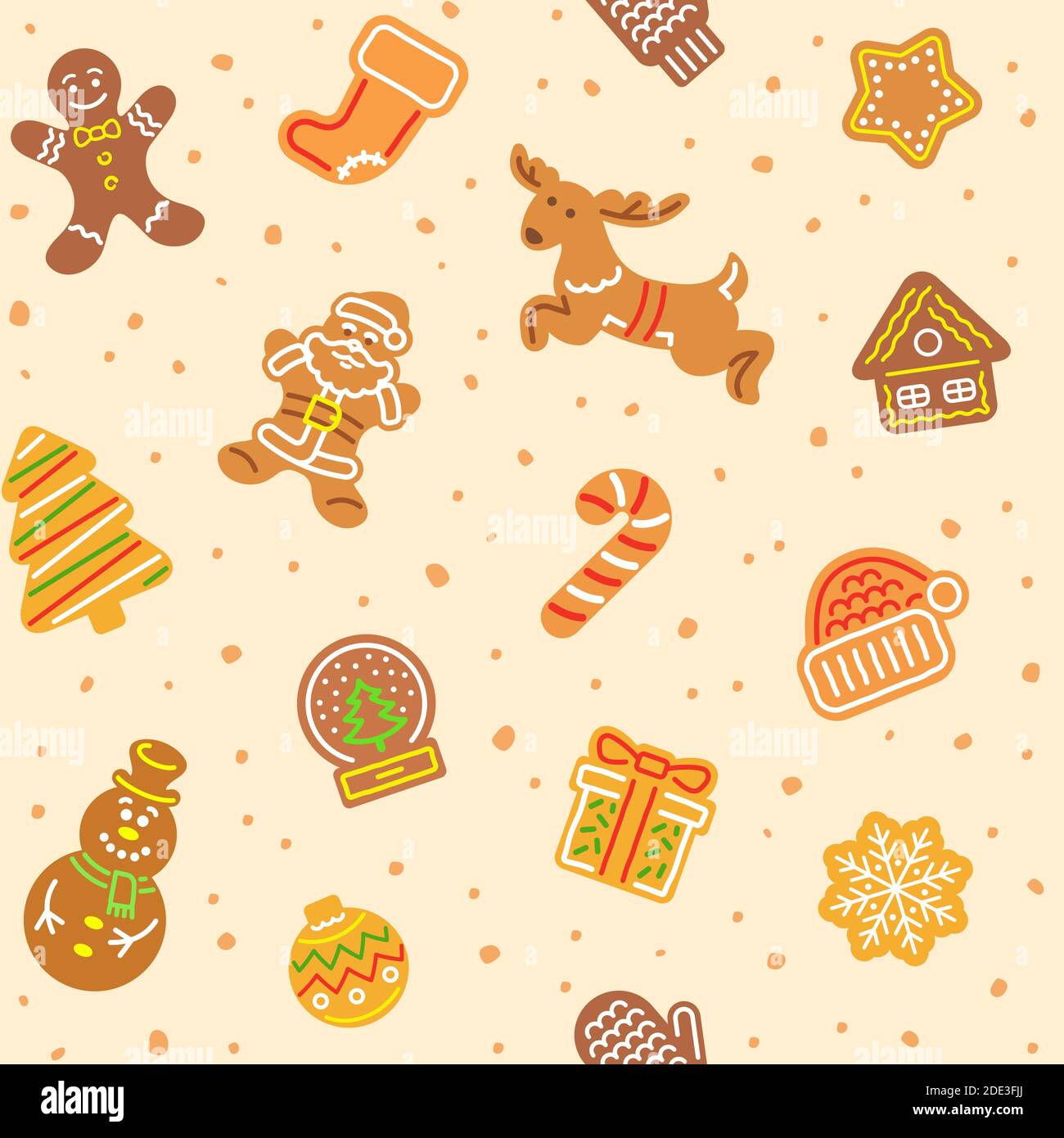 Christmas gingerbread cookies seamless vector pattern. Simple icons of gingerbread man, Santa Claus, deer, snowflake, snowman and other holiday symbol Stock Vector