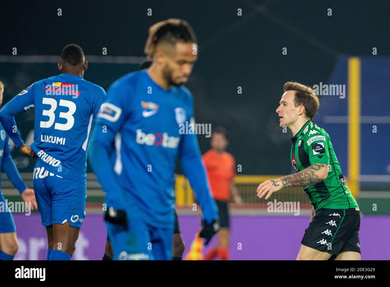 Cercle's Dino Hotic celebrates after scoring during a postponed soccer match between Cercle Brugge KSV and KRC Genk, Saturday 28 November 2020 in Brug Stock Photo