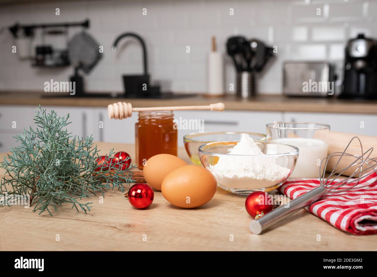 Homemade gingerbread ingredients on wooden table - Advent activity tradition, Christmas recipes Stock Photo