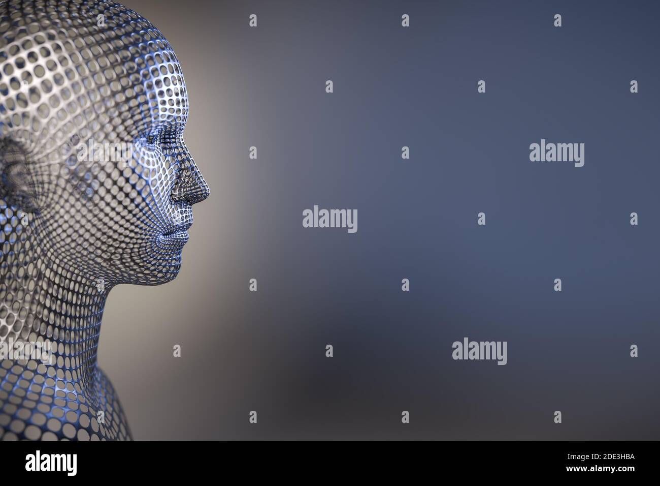 Digitized Model of a female human head. Science fiction robot concept - cyborg, artificial intelligence. Stock Photo
