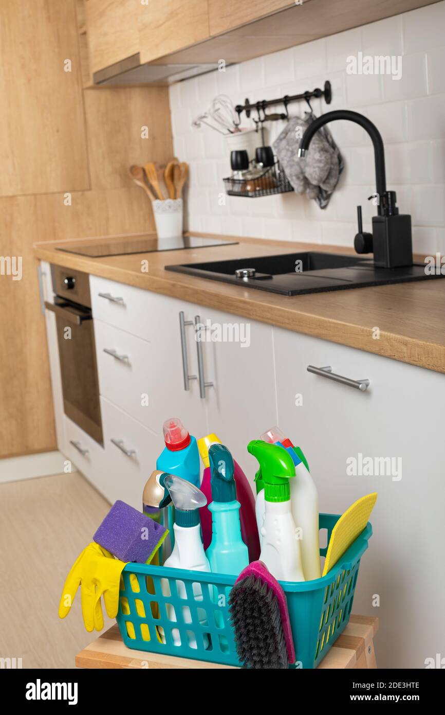Colorful cleaning products in the kitchen Stock Photo Alamy