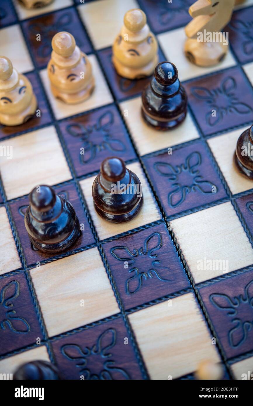 Pieces on a chessboard viewed from above Stock Photo