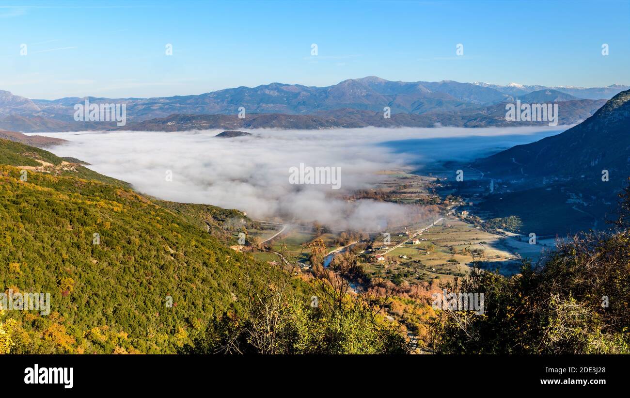 Ioannina area from above   with mist  during Fall season in  Epirus Greece Stock Photo