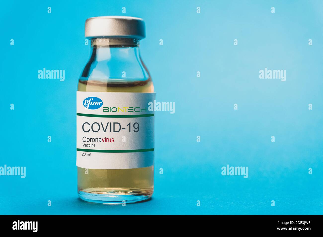 Izmir, Turkey / August 11 2020: Coronavirus vaccine concept and background. New vaccine pfizer and biontech isolated on blue background. Covid-19, 201 Stock Photo