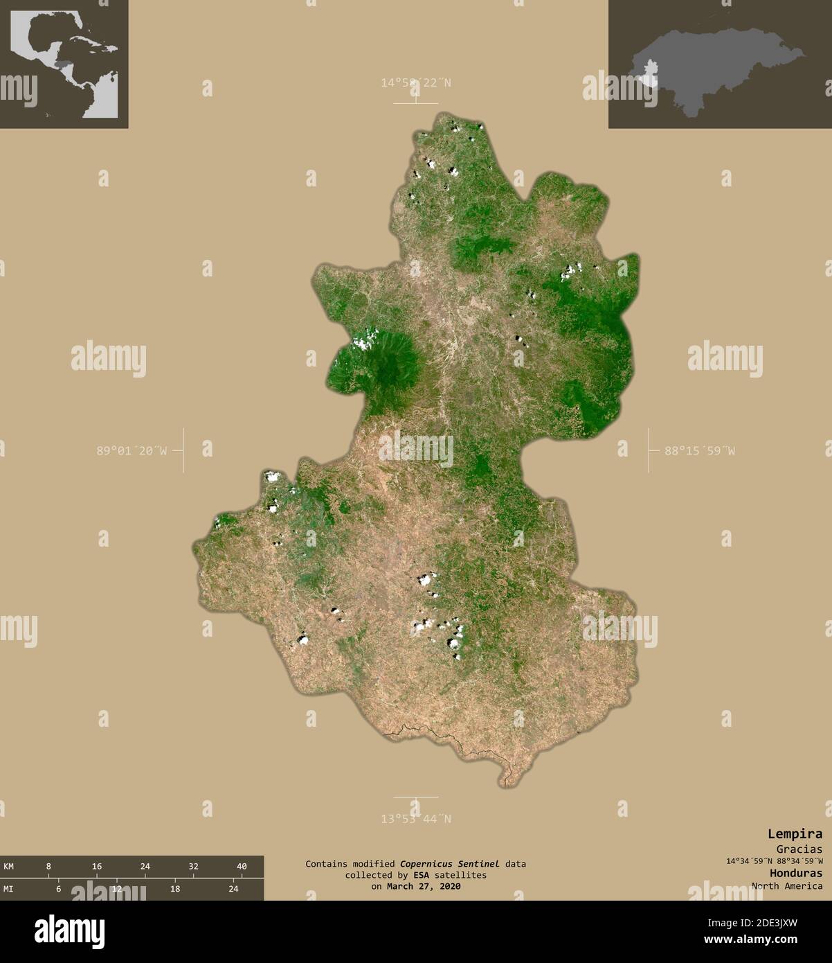 Lempira, department of Honduras. Sentinel-2 satellite imagery. Shape ...